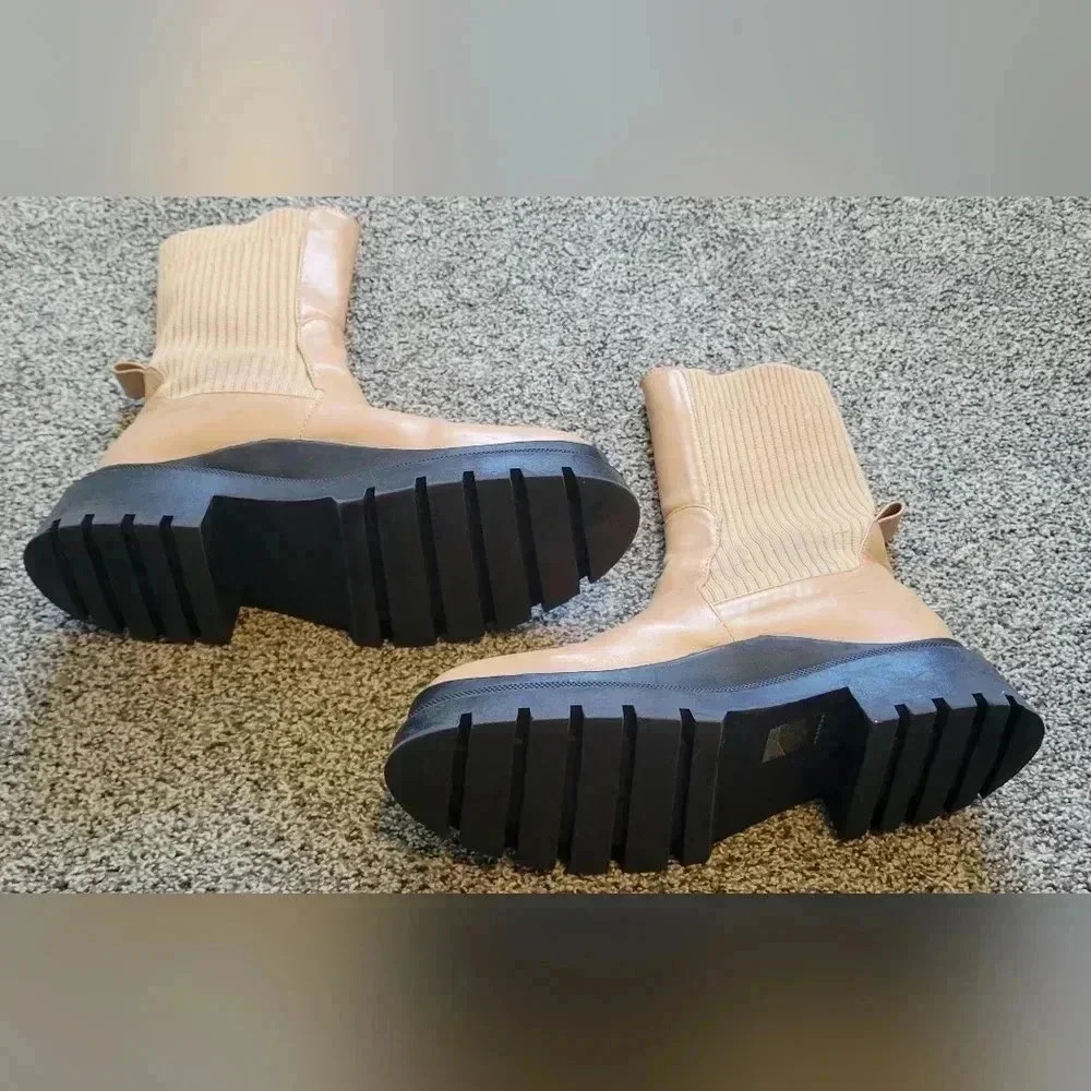 Camel Knitted Panel Wave Sole Chunky Calf High Ankle Boots, womens size 9 - Picture 8 of 12